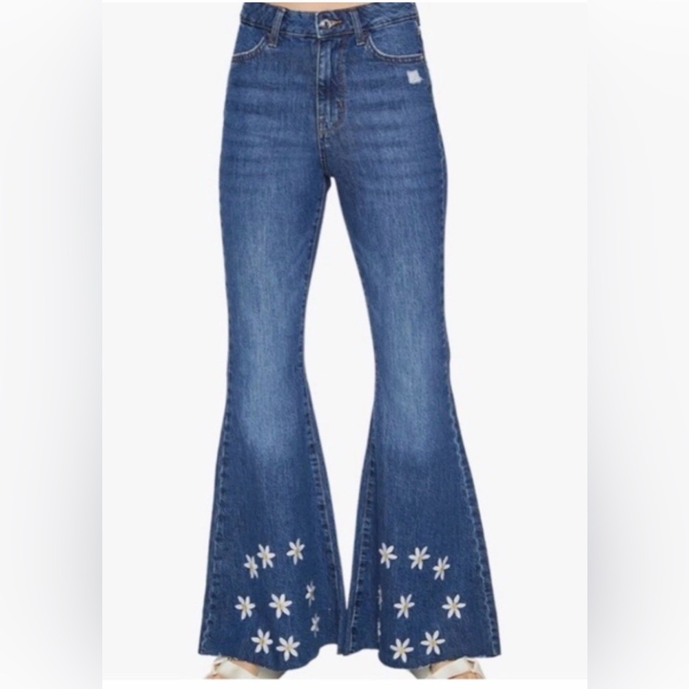 Super Flare Floral NEW Denim Jeans Sz 25 Floral Embroidered Blue Flare Jeans VII